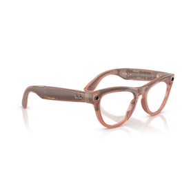 Ray-Ban Polar smart glasses in transparent pink, angled view showing camera-equipped frames with clear lenses and tech-integrated temples