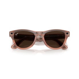 Ray-Ban Polar sunglasses in pink, rounded frame with dark brown lenses, folded flat view