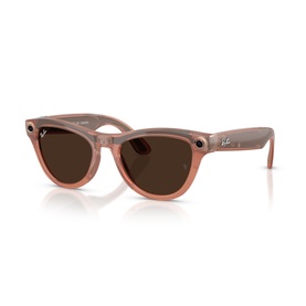 Ray-Ban Polar sunglasses in pink with round cat-eye frames, brown lenses, and small camera detail on temple