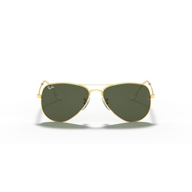 Ray-Ban aviator sunglasses with gold metal frame and dark green lenses, front-facing view