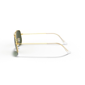 Ray-Ban aviator sunglasses in gold-tone metal frame with green lenses, shown from side angle