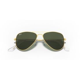 Ray-Ban aviator sunglasses with gold metal frame and dark green lenses, shown folded from front angle