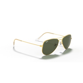 Ray-Ban aviator sunglasses in gold-tone metal frame with green lenses, shown at an angle on white background.