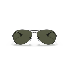 Ray-Ban aviator sunglasses with gunmetal grey frame, dark green lenses, and slim metal temples
