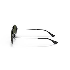 Ray-Ban aviator sunglasses in black metal frame with dark green lenses, shown from side angle