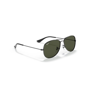 Ray-Ban aviator sunglasses with gunmetal grey thin metal frame, double bridge, and dark green lenses