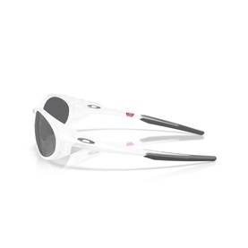 White Oakley sunglasses with grey rubber temples, red logo accent, and dark lenses, shown from rear three-quarter angle