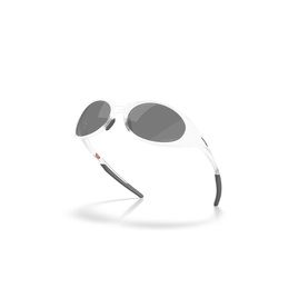 Oakley sunglasses in white with grey lenses, small red logo detail on temple, shown at angled three-quarter view