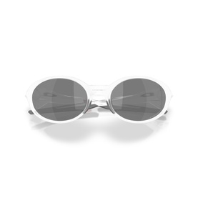 White oval sunglasses with grey mirrored lenses and slim silver-toned arms, front view on white background