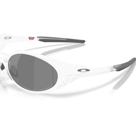 White Oakley sunglasses with dark tinted oval lenses, grey temple arms, and silver logo detail on a white background