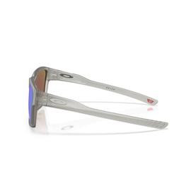 Oakley sunglasses side profile, grey transparent frame with blue mirrored lenses and red Oakley logo detail on temple