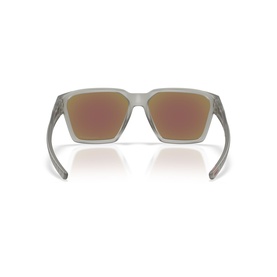 Matte grey square-frame sunglasses, rear view showing rose gold mirrored lenses and grey temple arms