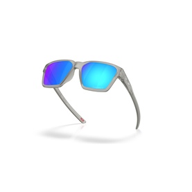 Grey square-frame sunglasses with blue mirrored lenses and a subtle red accent on the temple tip