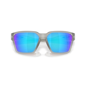 Matte grey square-frame sunglasses with mirrored blue lenses, front-facing flat lay view