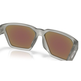 Oakley square-frame sunglasses in matte grey with rose gold mirrored lenses, angled three-quarter view showing temple detail