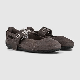 Puma matte bronze black mary jane flats with silver buckle strap detail and textured upper, black sole
