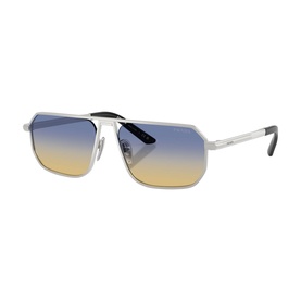 Prada silver sunglasses with rectangular navigator frames, gradient blue to yellow lenses, and slim metal temples with black tips.