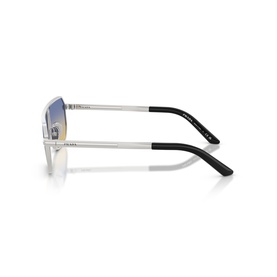 Prada silver sunglasses, side profile view showing slim metal frame, black temple arms and gradient blue lenses