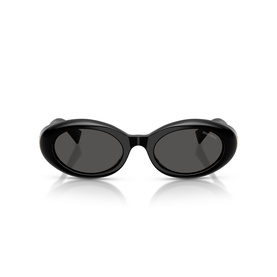 Black oval-frame sunglasses with dark grey lenses and polished black acetate frame, front-facing view