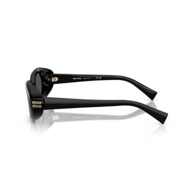 Miu Miu black sunglasses, side and rear view showing gold-tone temple branding and thick acetate frames