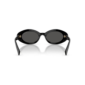 Black oval sunglasses, rear view showing dark grey lenses, gold-tone temple hardware and thick acetate arms