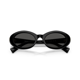 Black oval sunglasses with dark tinted lenses and slim acetate frames, folded flat on white background