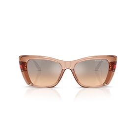 Transparent peach cat-eye sunglasses with gradient grey-brown lenses and red-tinted temple tips