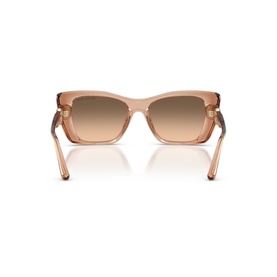 Translucent peach square-frame sunglasses, rear view showing temple arms and gradient brown lenses