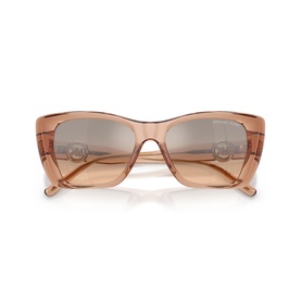 Translucent peach cat-eye sunglasses with silver-tone logo temples and gradient brown lenses, front-facing view