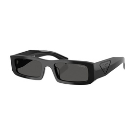 Prada black rectangular sunglasses with dark grey lenses, chunky black frames and Prada triangle logo on temples