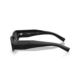 Prada sunglasses in black, angled side view showing temple arm with embossed logo detail and dark lenses