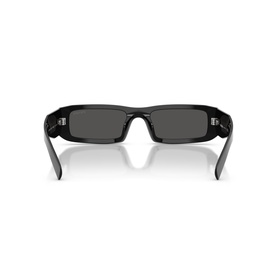 Black rectangular sunglasses, rear view showing dark grey lenses and slim black temples with subtle branding detail
