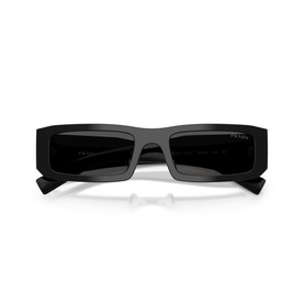 Prada black rectangular sunglasses with wide flat frame, dark lenses, and slim temples, front-facing view