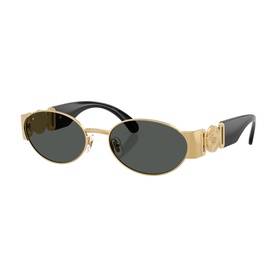 Versace oval sunglasses in gold-tone metal with dark grey lenses, black temples, and signature Medusa detail on arms