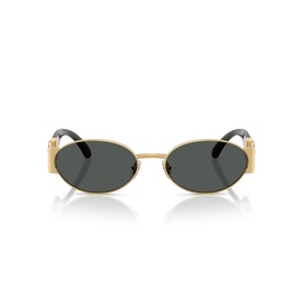 Oval sunglasses with gold metal frame, dark grey lenses, and black tortoiseshell temples with gold hardware detailing