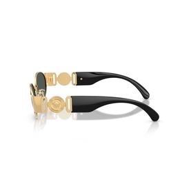 Versace sunglasses with gold Medusa emblem detailing, black slim oval frames and black temples, side profile view