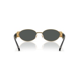 Oval sunglasses rear view, gold metal frame with dark grey lenses and black temples
