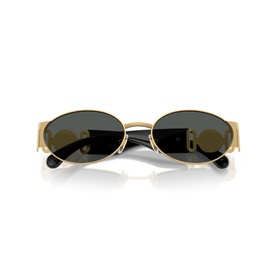 Gold oval metal-frame sunglasses with dark grey lenses and textured temple arms, folded front-facing view