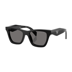 Prada square frame sunglasses in black acetate with dark grey lenses and white logo detail on temple
