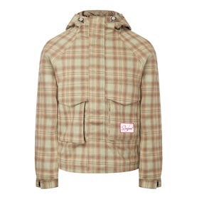 Storefront Script Logo Flannel Utility Jacket in green check print with hood, front zip, flap pockets, and logo patch detail