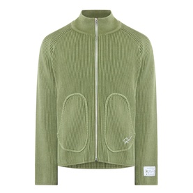Storefront Fisherman Script Logo Zip Sweater in olive, ribbed knit, funnel neck, full-length zip, two patch pockets, logo badge detail