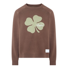 Storefront brown cotton knit sweatshirt with oversized green four-leaf clover graphic and script logo on chest