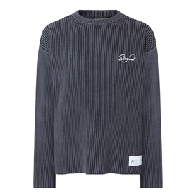 Storefront Fisherman Script Logo Sweater in charcoal, ribbed knit, crew neck, script chest logo, logo badge at hem, washed finish