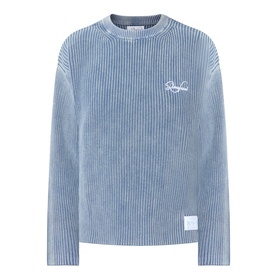 Storefront Fisherman Script Logo Sweater in blue, ribbed cotton knit, crew neck, dropped shoulders, chest script logo, washed finish