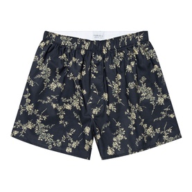 Sunspel Boxers in Navy Sketch Floral, elasticated waistband, all-over delicate floral branch print on dark navy fabric