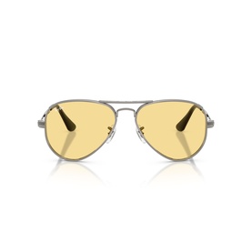Ray-Ban aviator sunglasses with silver metal frame and yellow tinted lenses, front-facing view