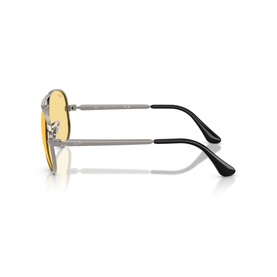 Silver-tone aviator sunglasses with yellow lenses and black tip arms, side profile view showing slim metal frame construction