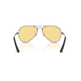 Ray-Ban aviator sunglasses, silver metal frame with black temple tips, rear view showing yellow tinted lenses