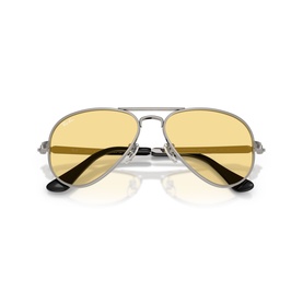 Ray-Ban aviator sunglasses with silver metal frame and yellow tinted lenses, flat lay view showing full frame and temples