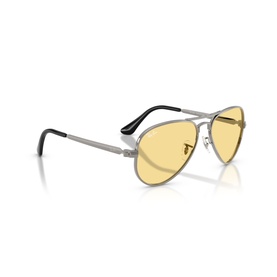 Silver aviator sunglasses with yellow tinted lenses and black rubber tips on the temples